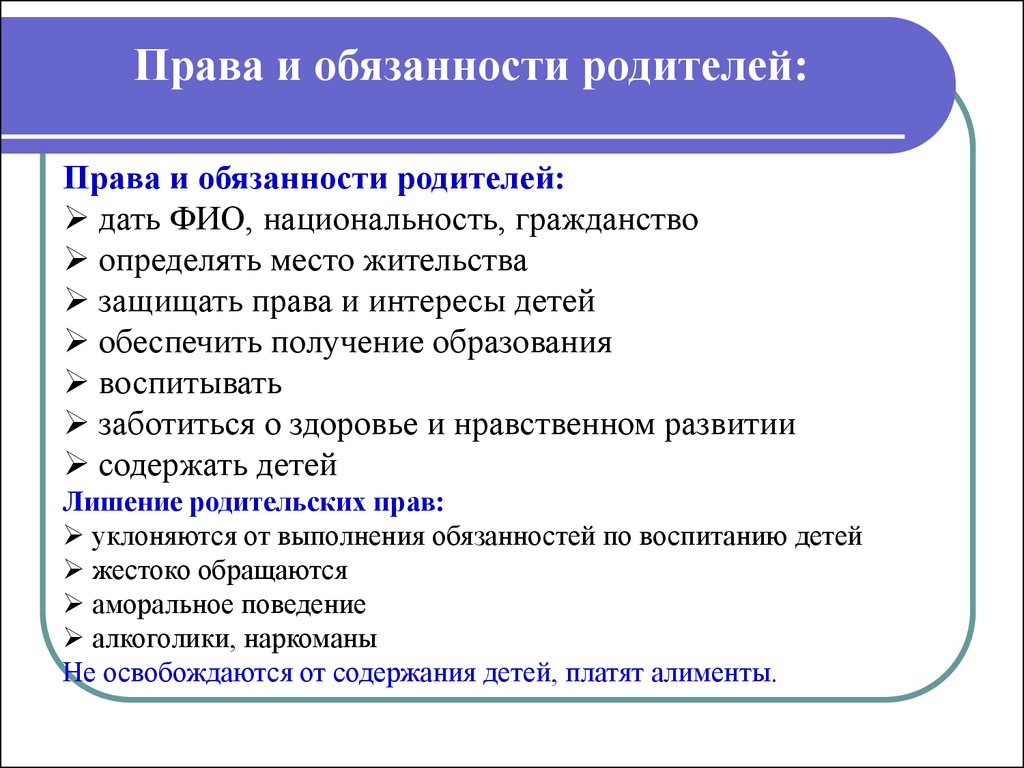 Сложный план права и обязанности детей и родителей