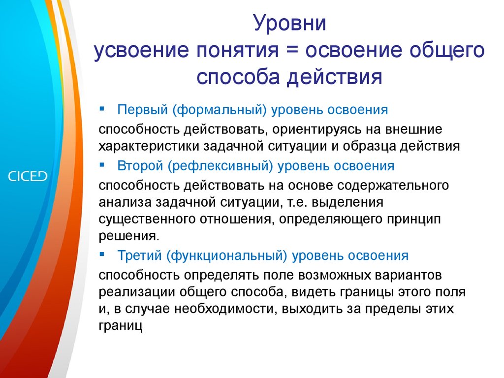 Способ действия. Уровни усвоения понятий. Уровни освоения понятия. Освоение понятий. Уровень усвоения общих и абстрактных понятий.