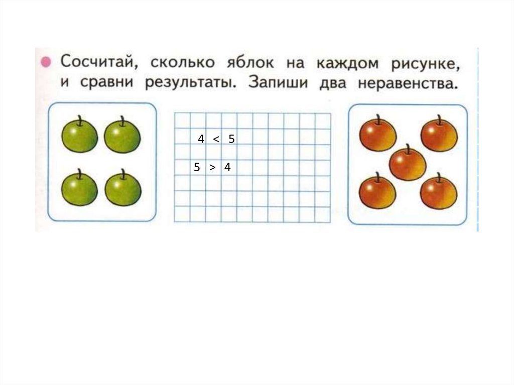 Другой 5 4. Равенства задания. Неравенства для детей понятие. Петерсон математика 1 класс тема равенство и неравенство. Сосчитай количество яблок.