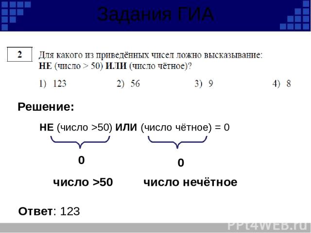 X 16 и не x нечетное. ГИА задания. Не число 50 или число чётное. 50 Это четное или нечетное число. Не число меньше 50 или не число четное.