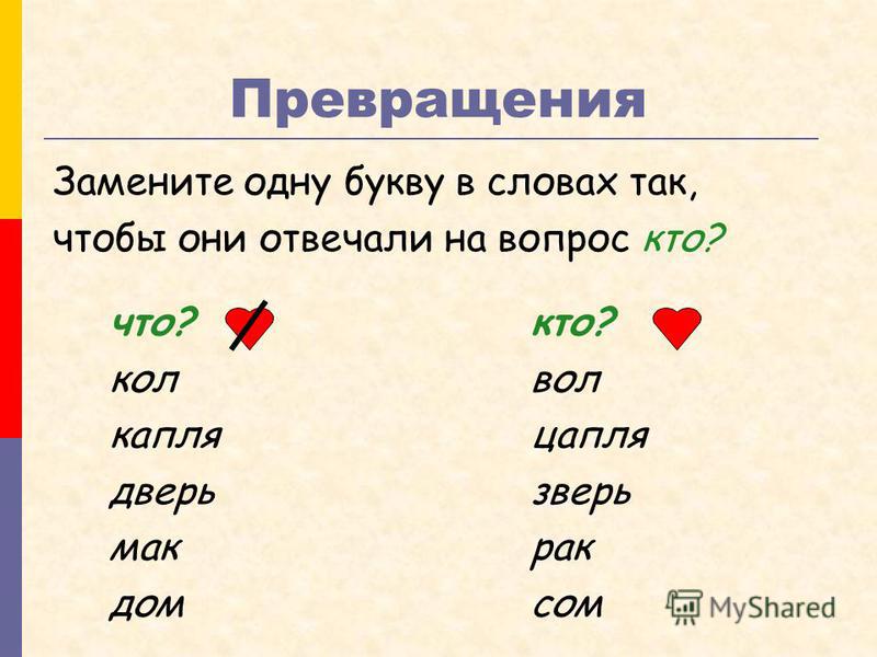 Как поменять буквы. Заменить одну букву в слове. Замени букву в словах так чтобы они отвечали на вопрос кто. На какой вопрос отвечают неодушевленные имена существительные. Кот поменять одну букву.