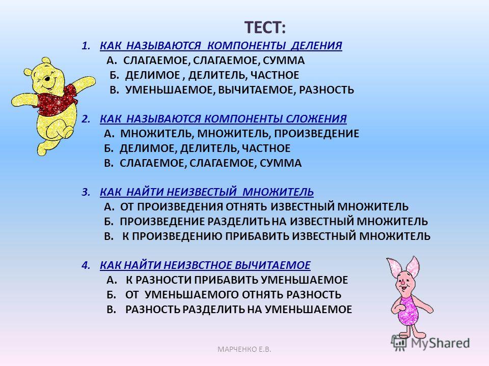 Тема урока называется. Как найти компоненты действий. Как называются компоненты разделить. Слагаемое уменьшаемое вычитаемое делимое делитель множитель. Как найти делитель делимое множитель правила.