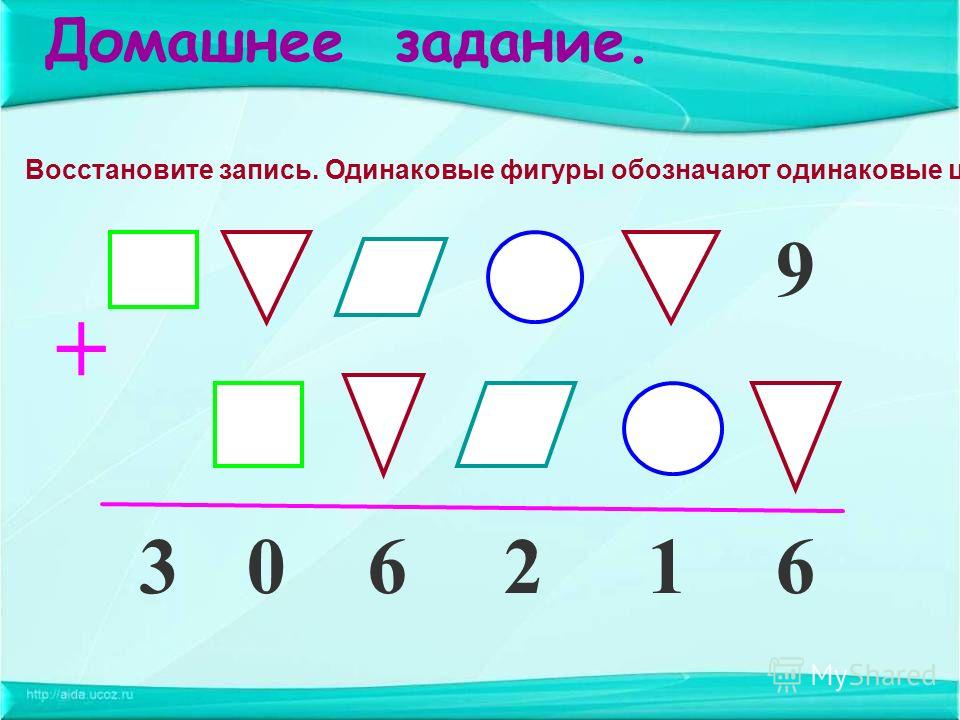 Одинаковые позиции. Одинаковые фигуры обозначают одинаковые. Математические задачи с фигурами. Восстановите запись одинаковые фигуры обозначают одинаковые цифры. Цифры и геометрические фигуры.