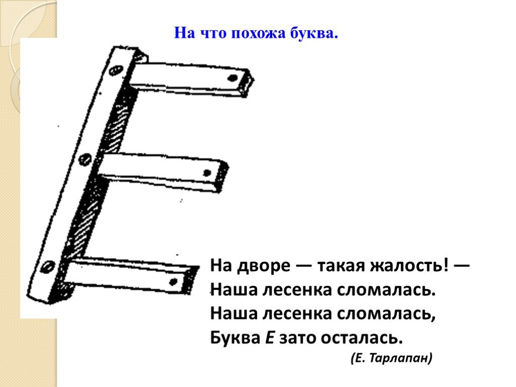 Устройство букв. На что похожа буква е. На что похожа буква ё в картинках. На что похожа буква е нарисовать. Наша лесенка сломалась лесенка.