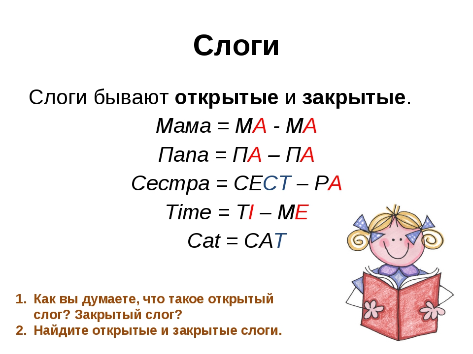 Закрытый слог пример. Слоги. Открытый и закрытый слог в русском языке. Открытые слоги. Слоги в русском языке.